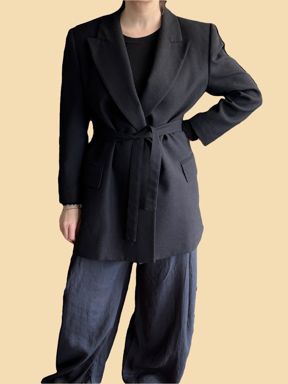 Minimalist Belted Jet Black Wool Crepe Blazer